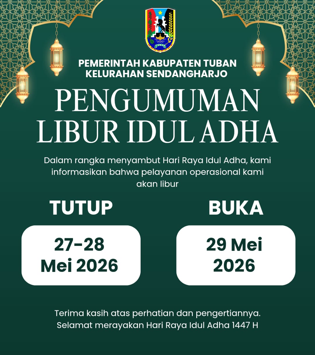 Pengumumam Libur Pelayanan Hari Raya Idul Adha